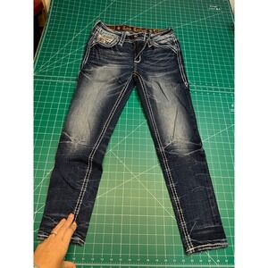 Rock Revival Amber Light MA202 Jeans Womens 27 Dark Wash Sequin Fleur De Lis Y2K
